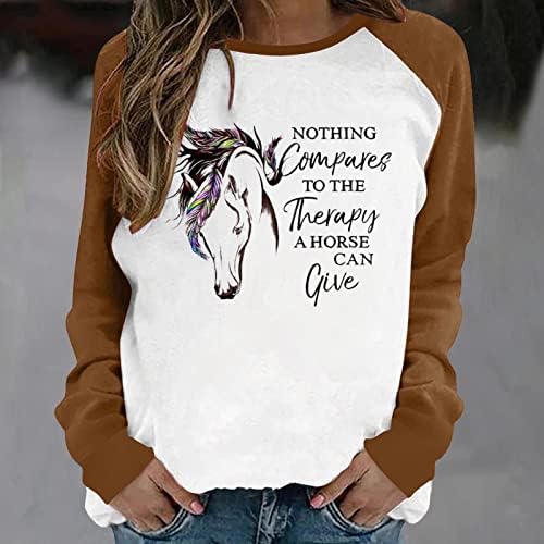 Oplxuo женски коњски маички блуза со долги ракави удобни кошули околу вратот лабави тунични врвови за џемпери за возење на коњи