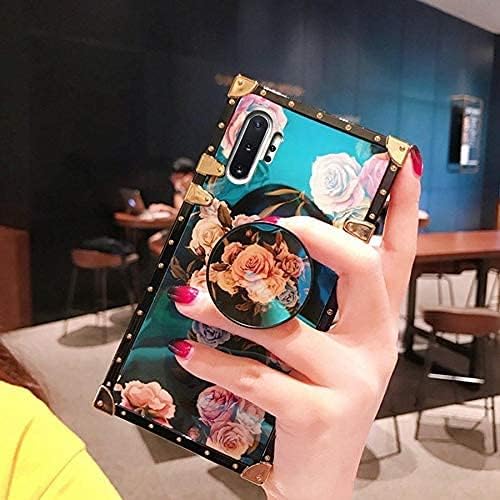 Galaxy Note 10 Plus 5g Square Case со држач за држач Роуз цветен цвет луксуз Елегантен мек TPU ShockProof Заштитна метална декорација