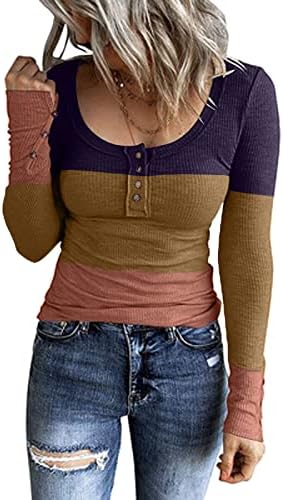 Копче за копче на вратот на вратот за жени со ребрести бои за блокирање со долга ракав тенок маица трендовски удобна блуза