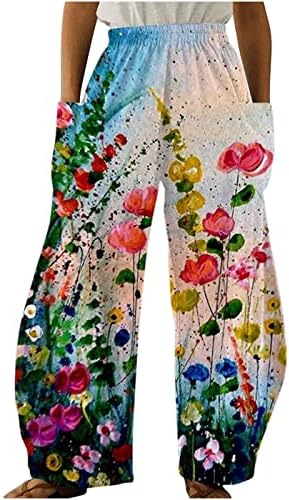 Fehlegd женски обичен цветен цветен принт со високи половини широки нозе панталони летни плажа мода лабава удобна дневна панталони