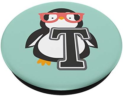 Почетна монограм Т - симпатичен пингвин со цртан филм со очила запчињата за поп -токери и се залага за телефони и таблети