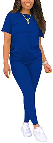 Bsccoyzенски женски 2 парчиња облеки со цврста боја, обични маици со кратки ракави, каросерии, долги панталони, џогери