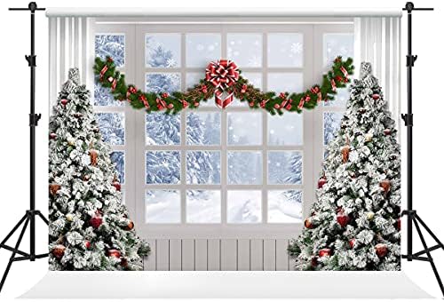 Кејт 10 × 10ft Зимска Божиќна позадина Белиот прозорец и елката позадина Божиќна снежна сцена Фото студио реквизити