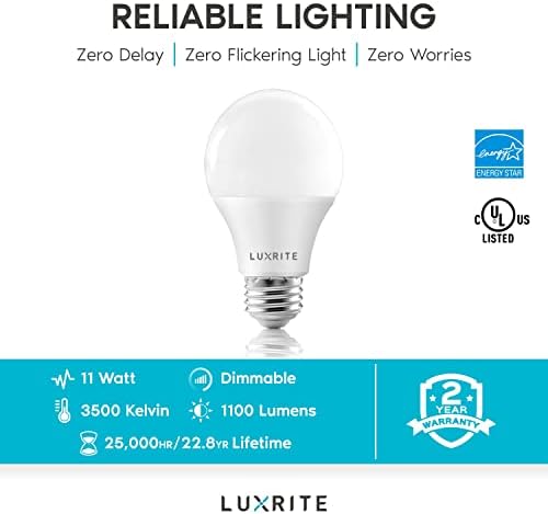 LUXRITE A19 LED Сијалица 75W Еквивалент, 1100 Лумени, 3500k Природна Бела, Затемнета Стандард LED Светилки 11W, Затворен Тела Отценети, Енергија Ѕвезда, E26 Средна База-Внатрешна и На