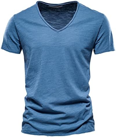 Менс модна обична цврста боја памук V врат со кратки ракави маица врвни мажи, исмејувачки врат со долги ракави термички кошули