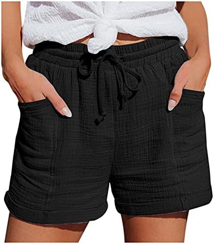 Памук постелнина Бермуда шорцеви за жени еластични високи половини со цврста боја карго шорцеви удобни летни шорцеви од пот со џебови