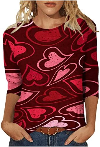 Срцеви печатени врвови за жени модна фустана блуза Ден на в Valentубените 3/4 маички со ракави, обична лабава маичка за лабава пуловер
