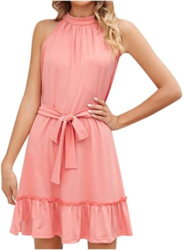 Gerенски фустан Gенер за лето 2023 година Мода дама солидна боја Беслиран удобен фустан од вратот #