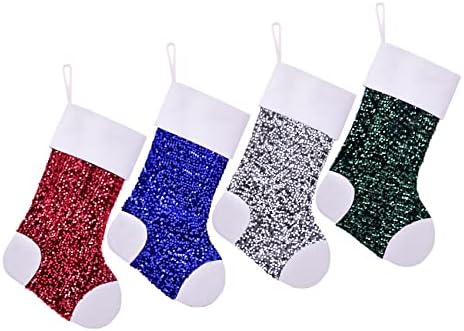 Caraknots Sequin Божиќни чорапи 4 пакувања Бурлап Божиќни чорапи за семејни деца големи Божиќни чорапи за домашна куќа камин