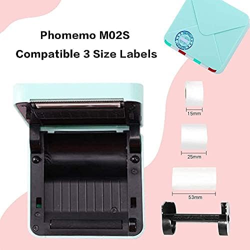 Печатач за печатач Phomemo M02S- Bluetooth Термички фото-печатач со 3 ролни разнобојни налепници, компатибилен со iOS + Android за план