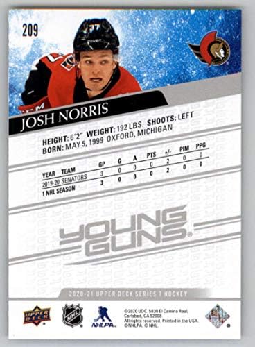 2020-21 Горна палуба 209 JOSH NORRIS RC ROKIKIE Young Guns SP Краток принт Отава сенатори NHL хокеј Трговска картичка