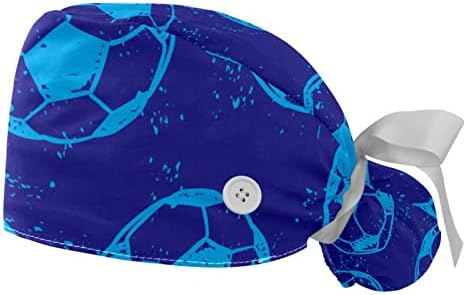 2 парчиња прилагодливо работно капаче со копчиња и вратоврска за ленти за жени долга коса, фудбалски фудбал сино