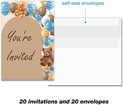 Бебе момче бескорисно чекајте покани за забава за туширање со коверти од 20 балони со сина мечка балони за бебиња за туширање покани пополнете