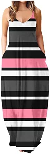Lcepcy лабава лента печатена долга сончева фустан за жени 2023 летни обични плажа фустани без ракави макси фустан со џебови