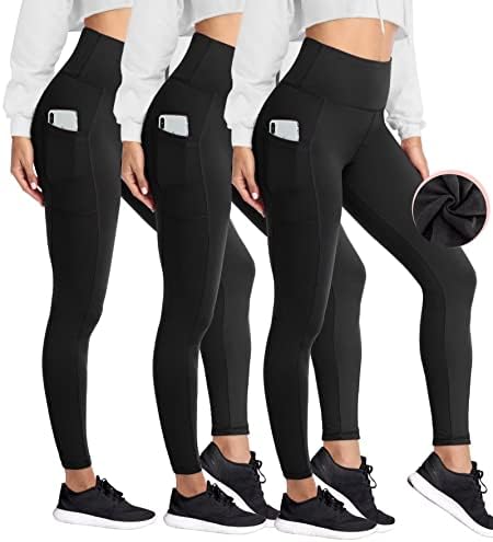 Highdays 3 хеланки на пакувања со џебови за жени - Контрола на стомакот со голема половината, четкани поставени јога панталони за