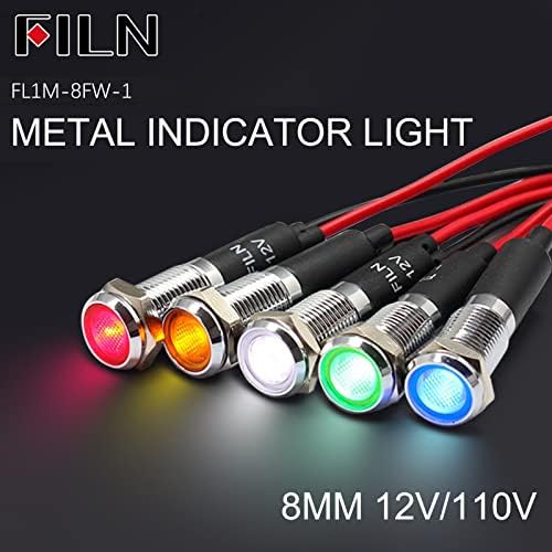 FILN 8 PCS 12V 8MM LED индикатор за светлосни метални светла со светло на светло со црвено зелено сино жолто бело сигнал светло ([месинг