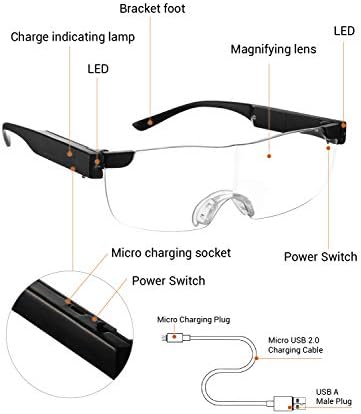 ОКХ Зголемување на очилата со светлина, 160% зголемувачки осветлени очила, LED светла за полнење, блокирање на сина светлина, без раце за