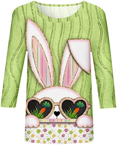 Womenенски Велигденски маички Топ 3/4 ракав екипаж маици од вратот на вратот лабави обични кошули за зајаци печатени блузи пуловер
