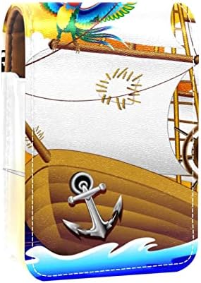 Цртан филм Пиратски Брод Папагал Капетан Патување Кармин Случај, Мини Мека Кожна Козметичка Торбичка Со Огледало, Пренослива Торба За