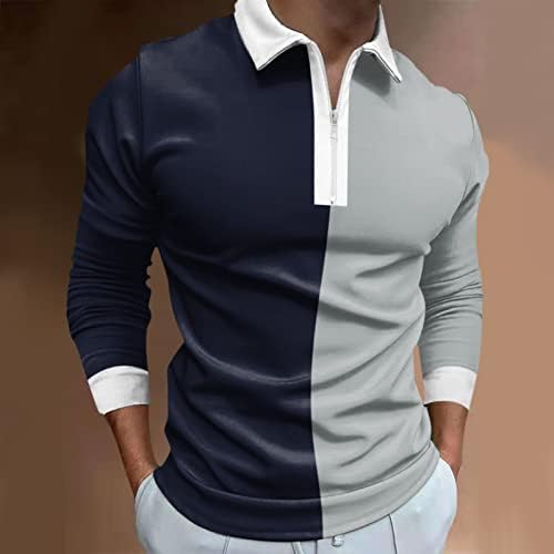 Поло кошули за машки пол по поштенски врат, есен зимски долги ракави блок во боја, крпеница за голф врвови мускули, случајна дизајнерска
