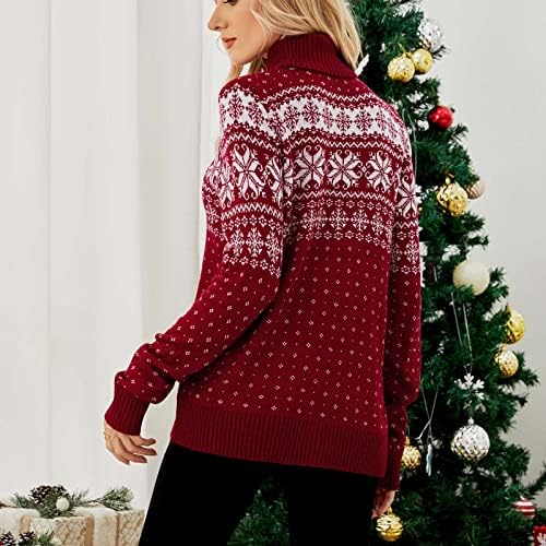 Аусист Божиќ џемпер за жени Зимски територен плетенка пулвер, божиќни печати рекреативни блузи со долги ракави врвови