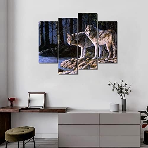 Два волци стојат на речното шумско шумско artидно уметничко сликарство Волци слики печатени на платно животно Сликата за домашна
