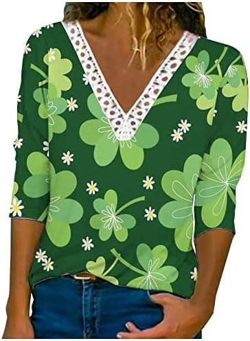 Врвови за жени облечени во Денот на Ден Патрикс Денот кошули од капчиња чипка против вратот 3/4 маица маица шамрок печатење случајна