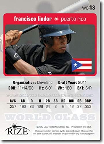 2012 лисја на драфтот Светска класа WC13 Франциско Линдор Индијанци Порто Рико МЛБ Бејзбол картичка НМ-МТ