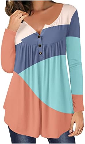 Женски блок во боја на бои, облечени обични обични маици со вратот со долги ракави, со долги ракави на ракави, проточна блуза со плитки