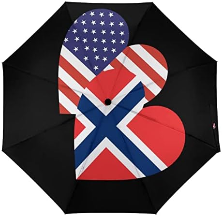 Норвешка Американско Срце Знаме Патување Чадор 3 Пати Авто Отвори Затвори Анти-УВ Чадор Преносни Ветроупорни Чадори