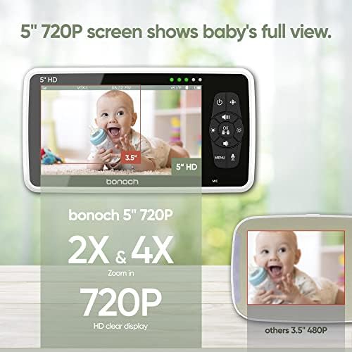 Бонох Бебе Монитор Со Камера и Аудио, 5 720P HD Видео Бебе Монитор Без WiFi, Бебе Камера Монитор, Пробие Доказ, Далечински Зум/Пан/Навалување,