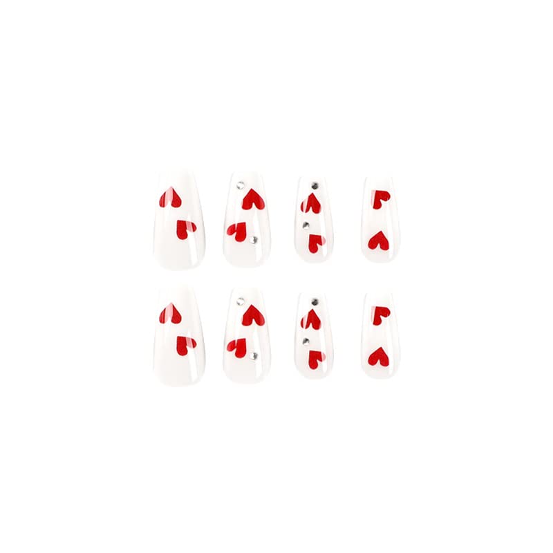 Diduikalor 24 парчиња квадратни ковчези на в Valentубените на ноктите средно бело и црвено срце шема со дијаманти лажни нокти со целосна