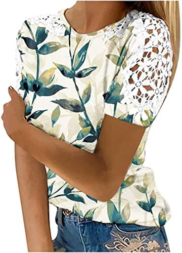 Женски блузи фустани чипка кошули со краток ракав, симпатична флорална печатена маици врвови лето лабава лебава лесна врвови маичка кошула