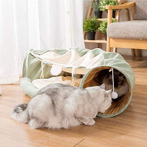 Кревет за мачки тунел со мат, склопувачки 2 -насочен центар за играчки играчки, 2 во 1 отстранлив кревет со гребење топка PetStoys