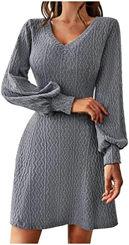 Обични фустани со долги ракави на жените цврсто екипаж на вратот на вратот плетен џемпер фустан лабав удобен замав миди фустан со џеб