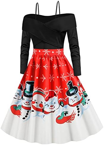 Womenените секси фустан од пламен Божиќ со долг ракав од рамото Ками фустани гроздобер печатење коктел за замав забава фустан