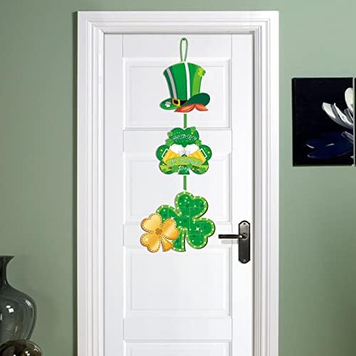 Декорации за Денот на Свети Патрик - знак на дрво од дрво, риши што виси декор на вратата со зелени капи и срамна детелина, среќна