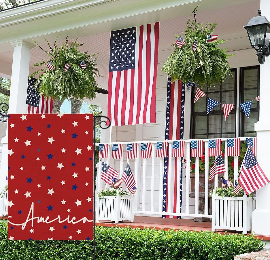 4 -ти јули Градинарски знамиња за надвор, патриотско американско црвено со starsвезди Мало дворско знаме за отворено, Денот на