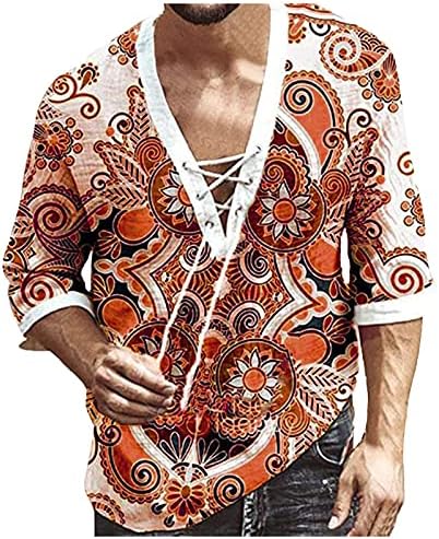 Домаќински обични кошули за мажи, лето машка привлечност за чипка на вратоврска против вратот Хенли половина ракав Бохо плажа есенски врвови