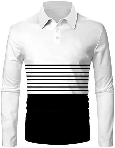 PDFBR машки поло маички, пролетен долг ракав шарена боја блок крпеница копче вратот голф врвови мускули тенок фит кошула