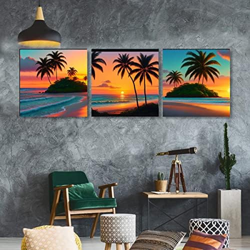 Комплети за сликање на дијаманти Акче- Хаваи плажа, кокос дрвја и зајдисонце дијамантска уметност за возрасни деца почетници,