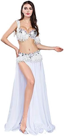 Кралска Смела Бели танчерски костуми за жени Бели танц градник и појас шифон стомак танцување здолниште