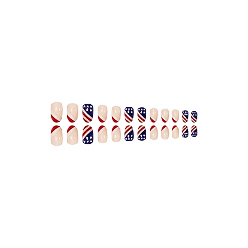 Денот на независноста Притиснете На Ноктите Кратки Лажни Нокти, 4 јули Лажни Нокти Со Американско Знаме Патриотски Дизајни Стап На