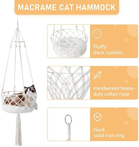 Hlinzoom Macrame Cat Hammock, 15,8 мачки за замав со мачки рачно изработени бохо што виси мачка хамак со комплет за висина за перница