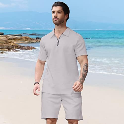 Aulemens Mens 2 Piect Zip Tracksuit со кратки ракави за печатење Поло кошула и шорцеви поставува летни облеки за мажи