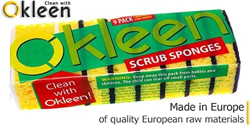 Okleen Yellow Multi Use Scrub Sponge. Направено во Европа. 9 пакет, 4.3x2.8x1,4 инчи. Без мирис на тешки и влакна од гребење. Издржлив