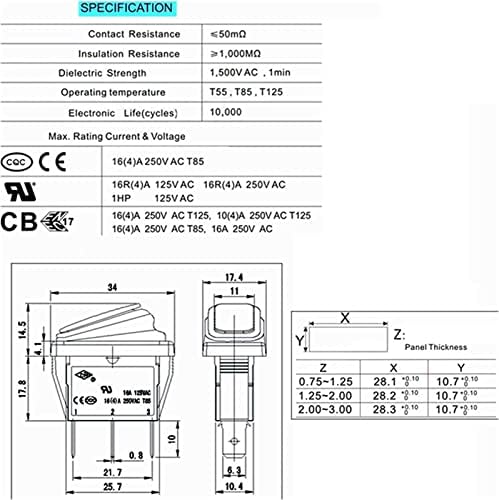 Berrysun Rocker Switch KCD3 Type 3Pin Вклучено / Исклучено 15A 250V / 20A 125V AC, светло водоотпорен прекинувач за напојување со висока струја