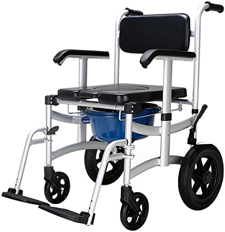 Мобилна туш стол тоалетна комода инвалидска количка со рачна сопирачка, лифт потпирач за рака, 12 задно тркало, отстранлив педал и колче