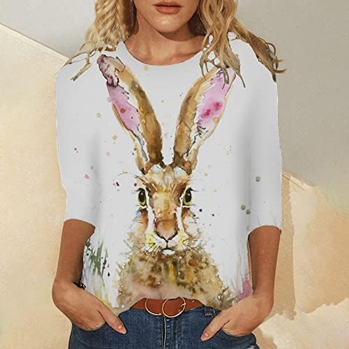 Кошули за жени екипаж симпатична зајаче зајак графички 3/4 ракав Туника врвови, обичен празник за блуза