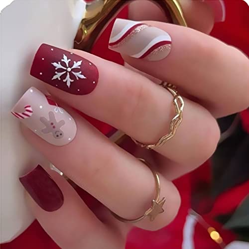 Божиќни лажни нокти квадратни кратки печат на нокти со снегулка од ѓумбир од ѓумбир од маж, мат црвена лента, сјајни стапчиња на ноктите